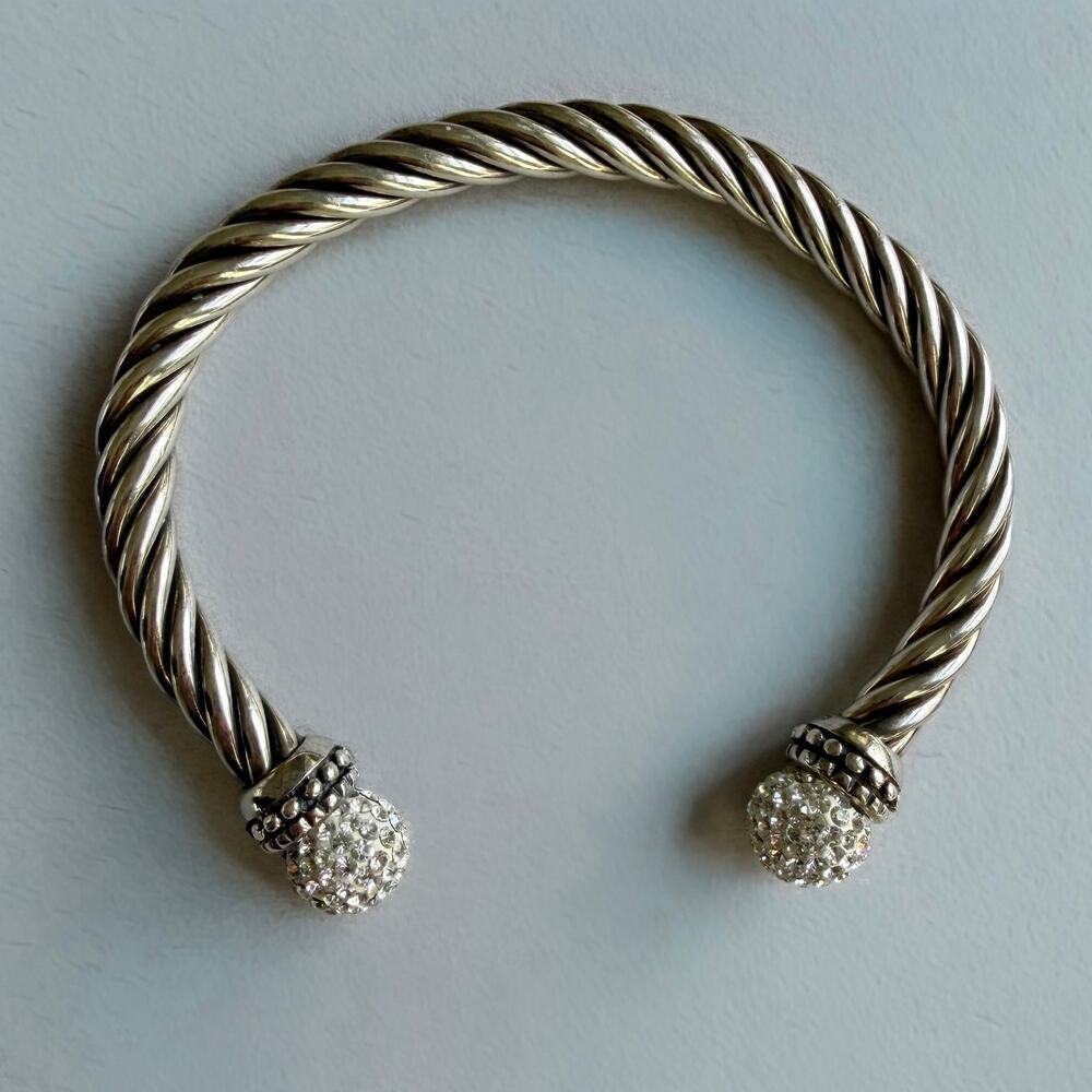Sterling Silver Twist Cable Cuff Bracelet 925 SU CH Clear CZ Sparkly Stones Y2K - Picture 2 of 7